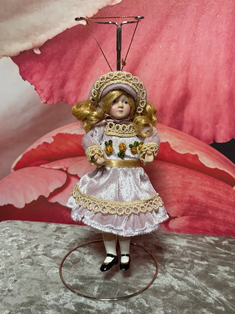 7" Porcelain Blonde Doll Pink Velvet Dress Bonnet Roses Hanging Ornament